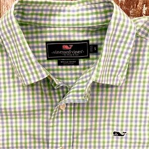 Vineyard Vines Men's Green and White Plaid Shirt